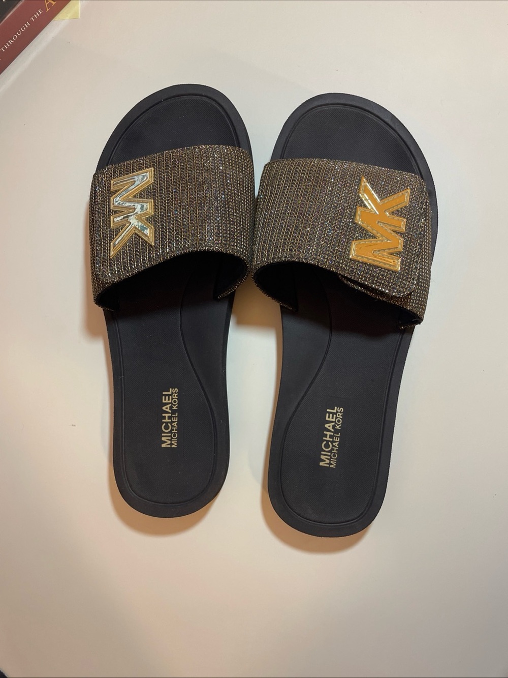 Michael Kors Black Slide Sandals with Gold Logo Accents